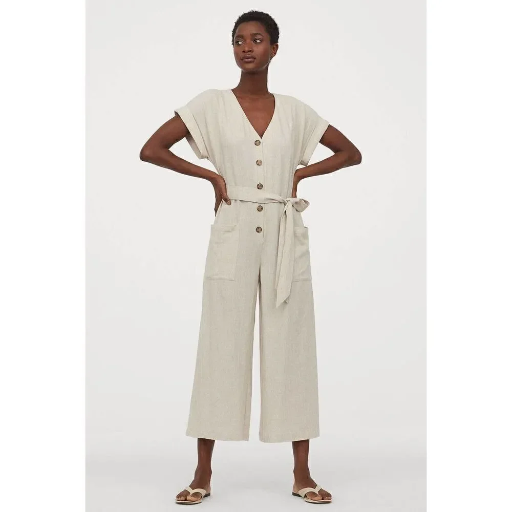 H&M Linen Viscose Blend Jumpsuit Overalls Beige